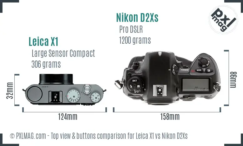 Leica X1 vs Nikon D2Xs top view buttons comparison