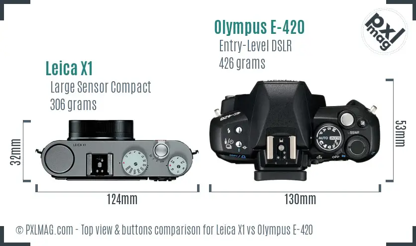Leica X1 vs Olympus E-420 top view buttons comparison