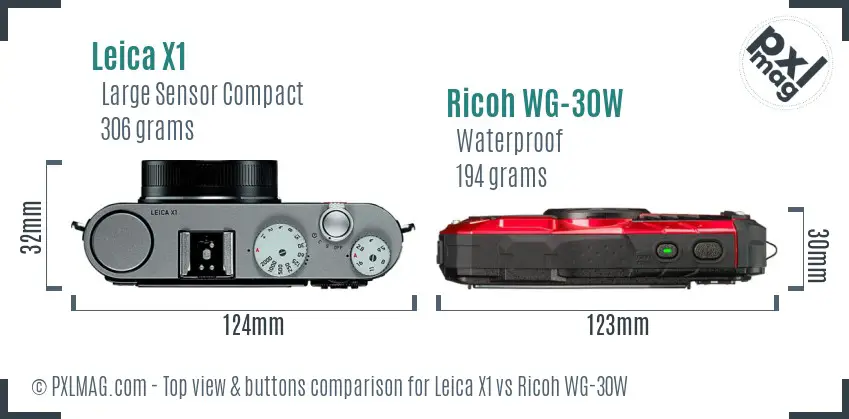 Leica X1 vs Ricoh WG-30W top view buttons comparison