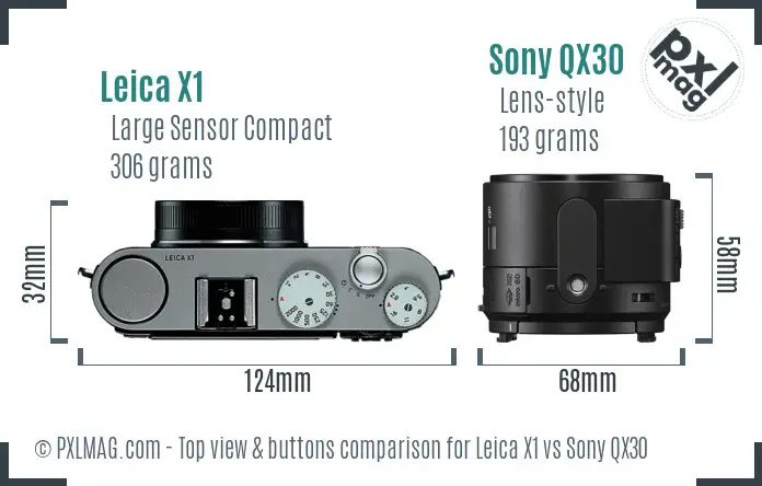 Leica X1 vs Sony QX30 top view buttons comparison