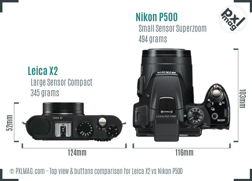 Leica X2 vs Nikon P500 top view buttons comparison