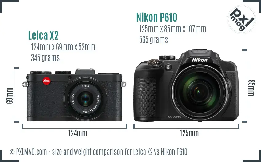 Leica X2 vs Nikon P610 size comparison