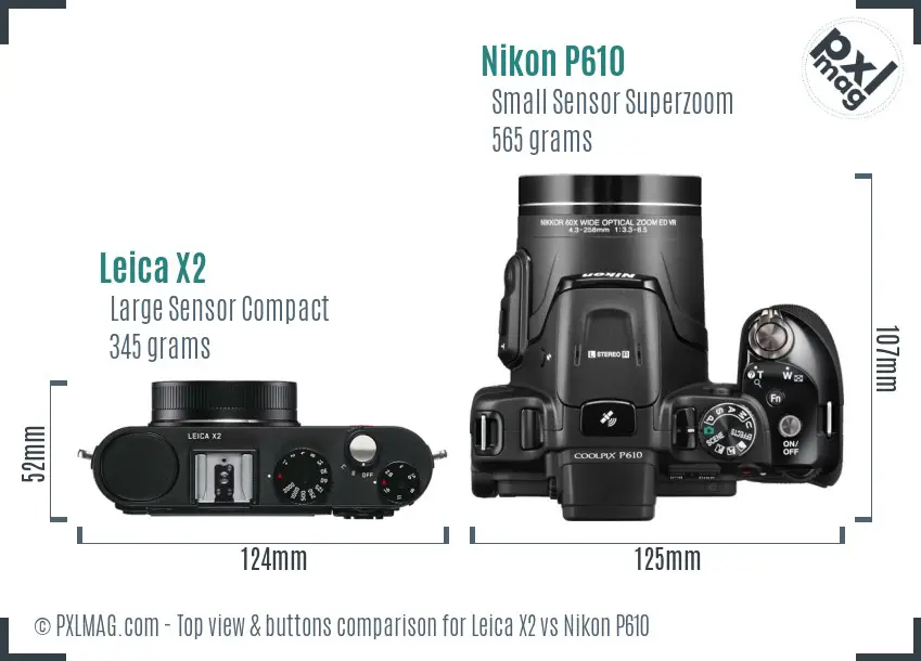 Leica X2 vs Nikon P610 top view buttons comparison
