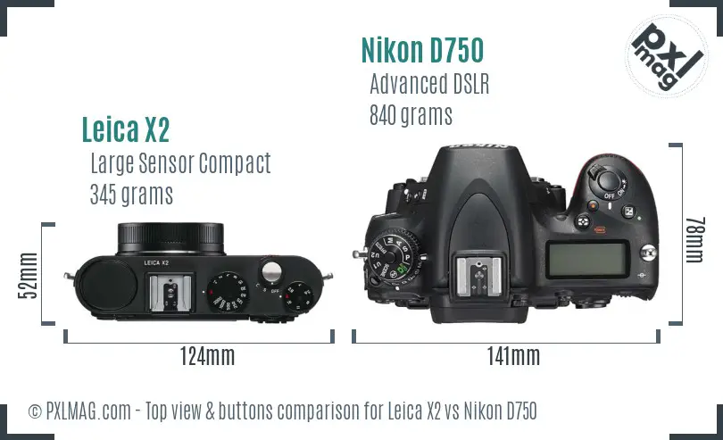 Leica X2 vs Nikon D750 top view buttons comparison