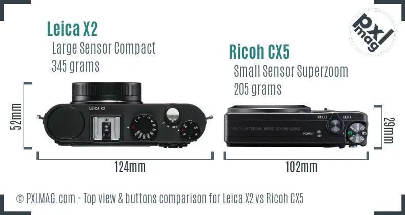 Leica X2 vs Ricoh CX5 top view buttons comparison