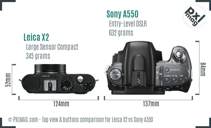Leica X2 vs Sony A550 top view buttons comparison