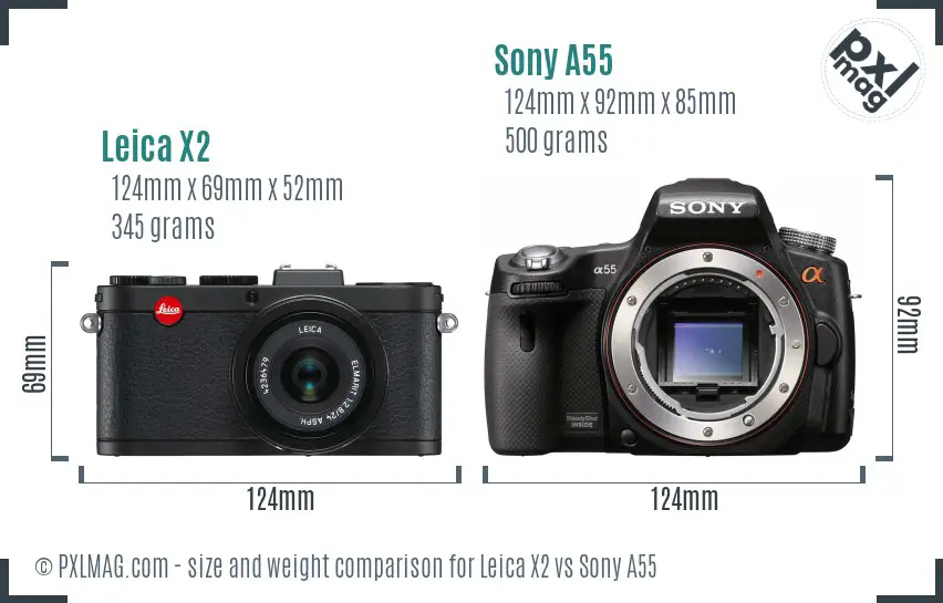 Leica X2 vs Sony A55 size comparison