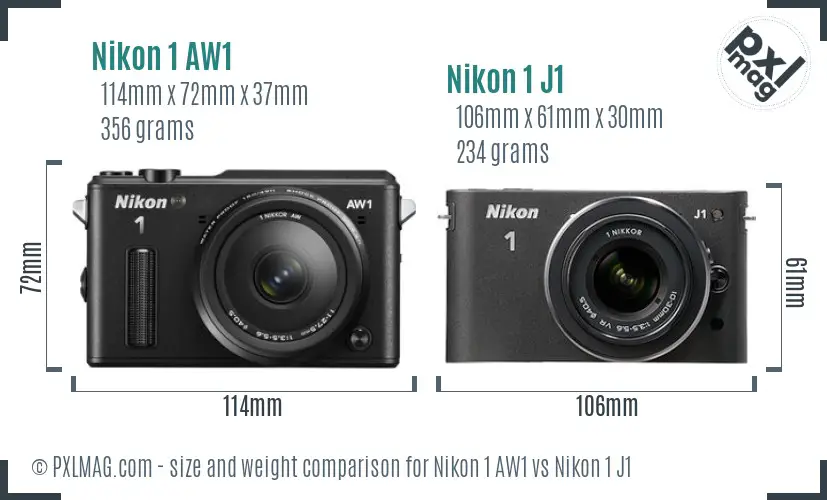 Nikon 1 AW1 vs Nikon 1 J1 size comparison