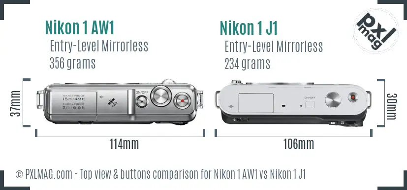 Nikon 1 AW1 vs Nikon 1 J1 top view buttons comparison