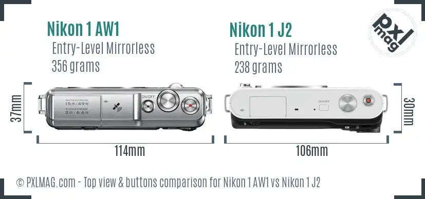 Nikon 1 AW1 vs Nikon 1 J2 top view buttons comparison