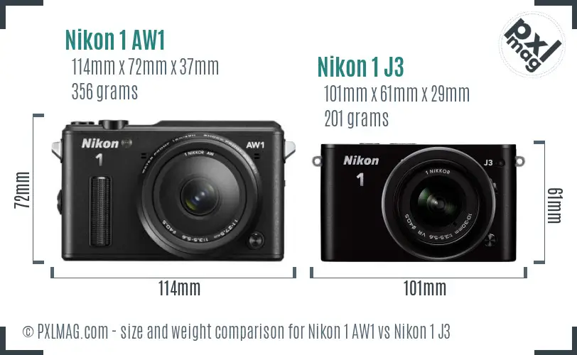 Nikon 1 AW1 vs Nikon 1 J3 size comparison