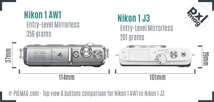 Nikon 1 AW1 vs Nikon 1 J3 top view buttons comparison