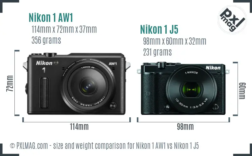 Nikon 1 AW1 vs Nikon 1 J5 size comparison