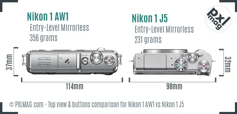 Nikon 1 AW1 vs Nikon 1 J5 top view buttons comparison