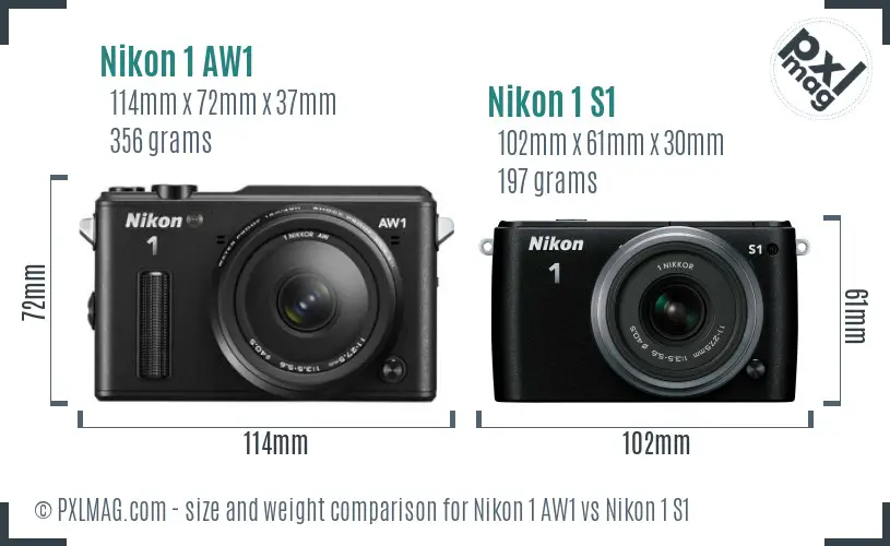 Nikon 1 AW1 vs Nikon 1 S1 size comparison