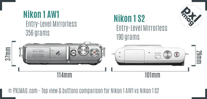 Nikon 1 AW1 vs Nikon 1 S2 top view buttons comparison