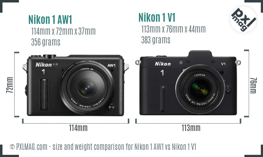 Nikon 1 AW1 vs Nikon 1 V1 size comparison