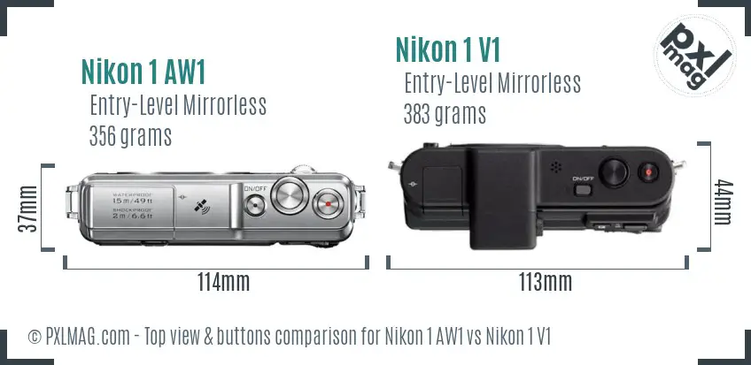 Nikon 1 AW1 vs Nikon 1 V1 top view buttons comparison