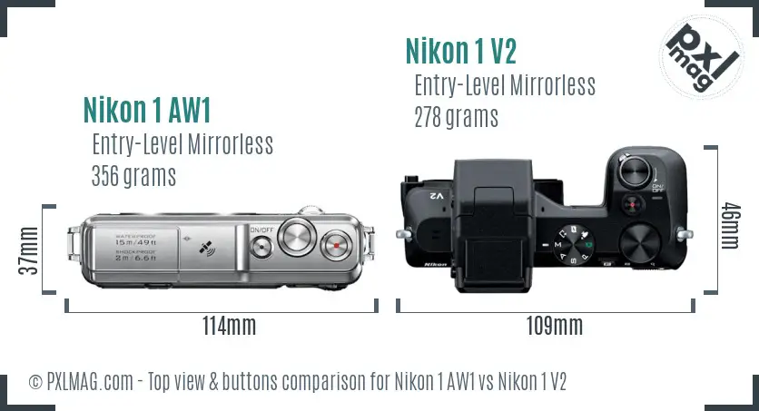 Nikon 1 AW1 vs Nikon 1 V2 top view buttons comparison