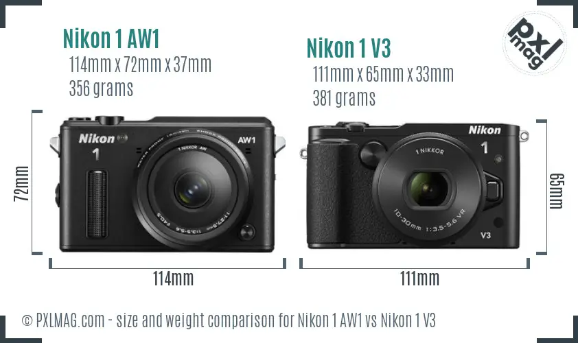 Nikon 1 AW1 vs Nikon 1 V3 size comparison