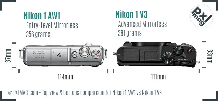Nikon 1 AW1 vs Nikon 1 V3 top view buttons comparison