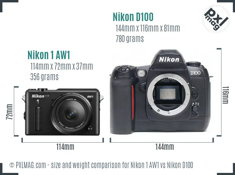 Nikon 1 AW1 vs Nikon D100 size comparison