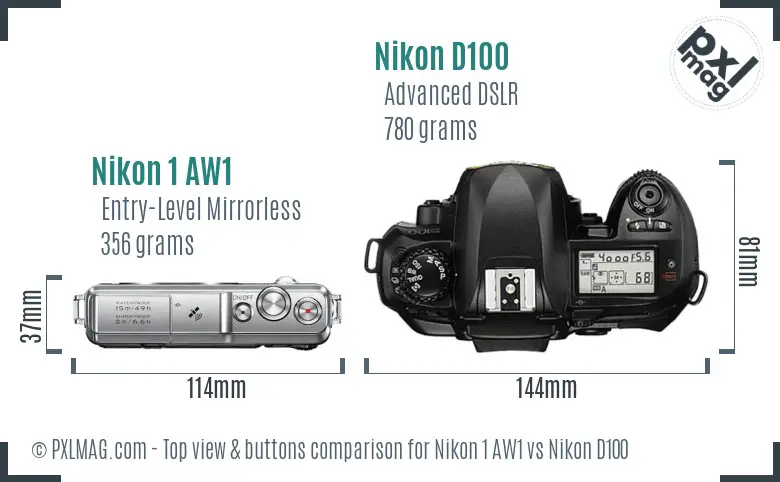 Nikon 1 AW1 vs Nikon D100 top view buttons comparison