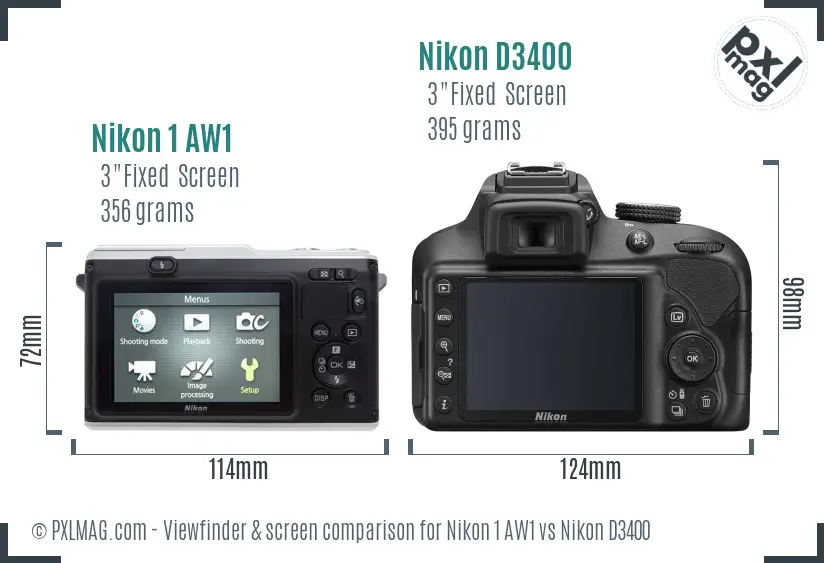Nikon 1 AW1 vs Nikon D3400 Screen and Viewfinder comparison