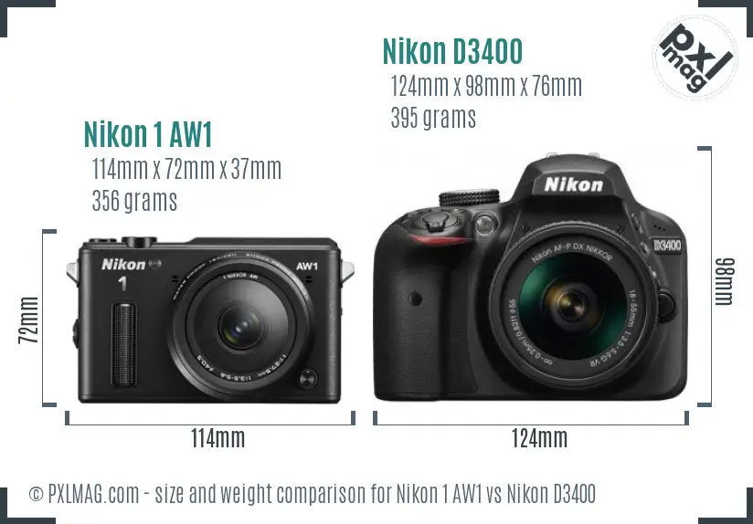 Nikon 1 AW1 vs Nikon D3400 size comparison