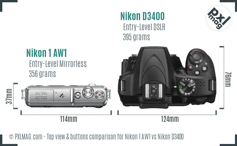 Nikon 1 AW1 vs Nikon D3400 top view buttons comparison