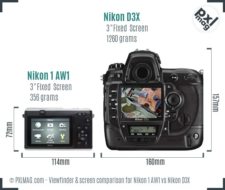 Nikon 1 AW1 vs Nikon D3X Screen and Viewfinder comparison