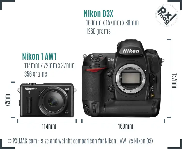 Nikon 1 AW1 vs Nikon D3X size comparison