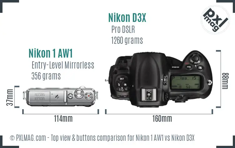 Nikon 1 AW1 vs Nikon D3X top view buttons comparison