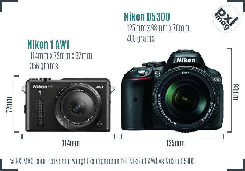 Nikon 1 AW1 vs Nikon D5300 size comparison