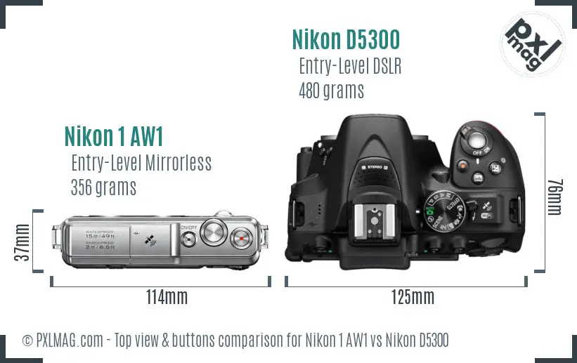 Nikon 1 AW1 vs Nikon D5300 top view buttons comparison