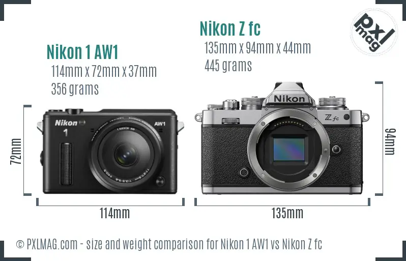 Nikon 1 AW1 vs Nikon Z fc size comparison