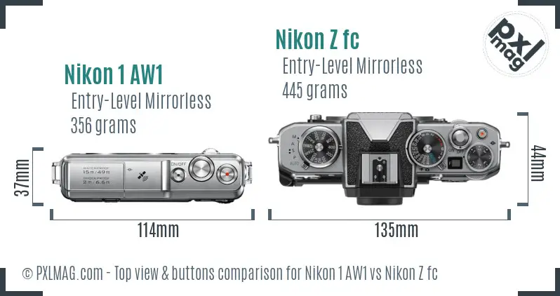 Nikon 1 AW1 vs Nikon Z fc top view buttons comparison