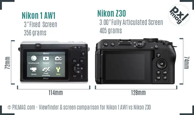 Nikon 1 AW1 vs Nikon Z30 Screen and Viewfinder comparison