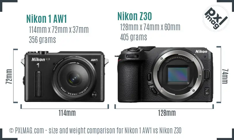 Nikon 1 AW1 vs Nikon Z30 size comparison