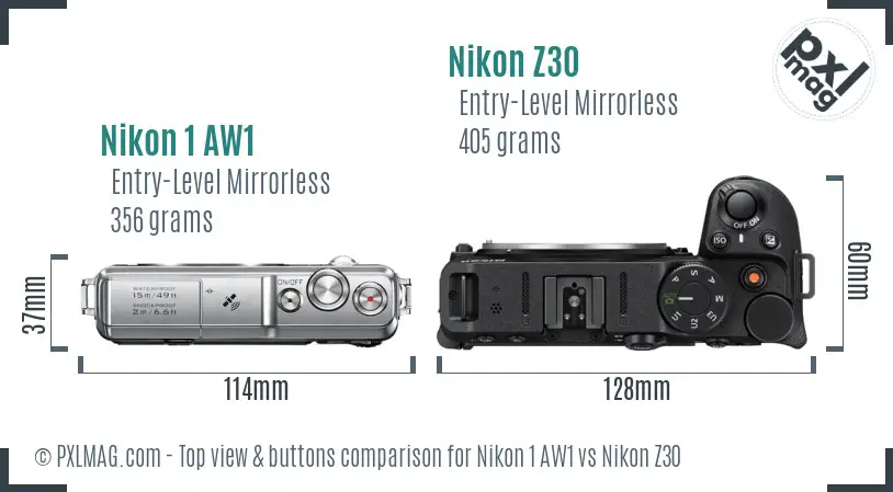 Nikon 1 AW1 vs Nikon Z30 top view buttons comparison