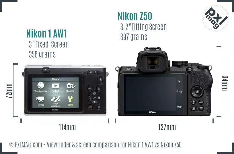 Nikon 1 AW1 vs Nikon Z50 Screen and Viewfinder comparison