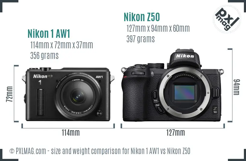 Nikon 1 AW1 vs Nikon Z50 size comparison