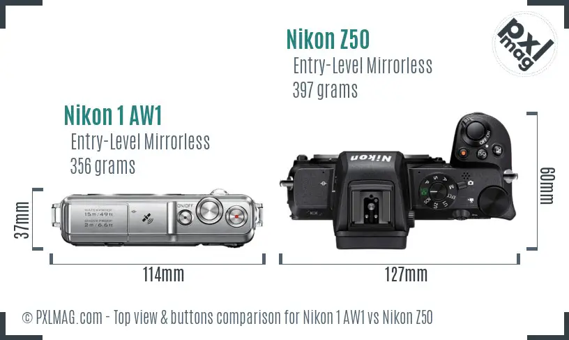 Nikon 1 AW1 vs Nikon Z50 top view buttons comparison