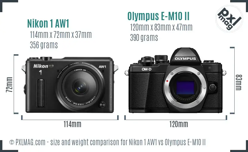 Nikon 1 AW1 vs Olympus E-M10 II size comparison