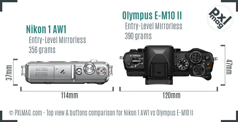 Nikon 1 AW1 vs Olympus E-M10 II top view buttons comparison