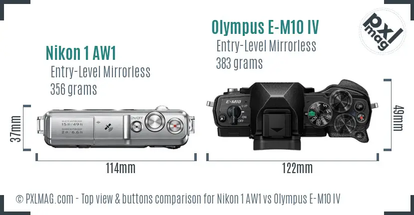 Nikon 1 AW1 vs Olympus E-M10 IV top view buttons comparison Nikon 1 AW1 vs Olympus E-M10 IV top view buttons comparison