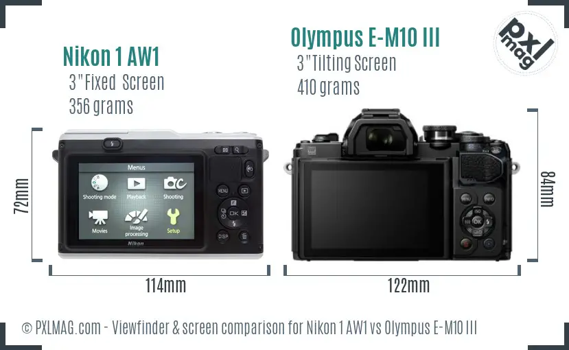 Nikon 1 AW1 vs Olympus E-M10 III Screen and Viewfinder comparison