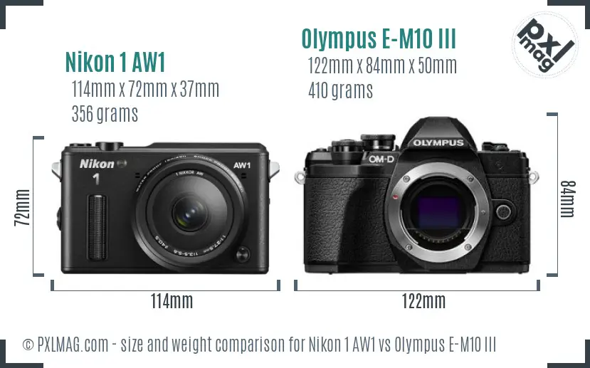 Nikon 1 AW1 vs Olympus E-M10 III size comparison