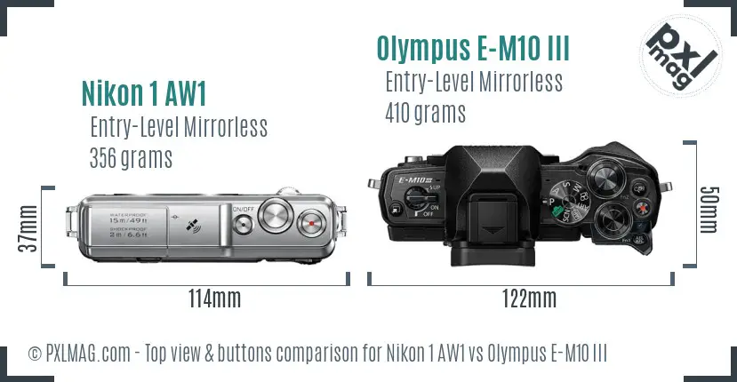 Nikon 1 AW1 vs Olympus E-M10 III top view buttons comparison