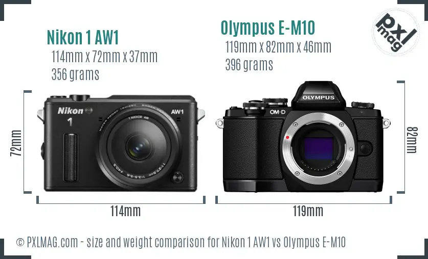 Nikon 1 AW1 vs Olympus E-M10 size comparison